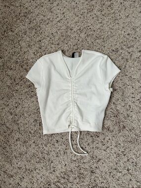 White Ribbed Drawstring Front Crop Top